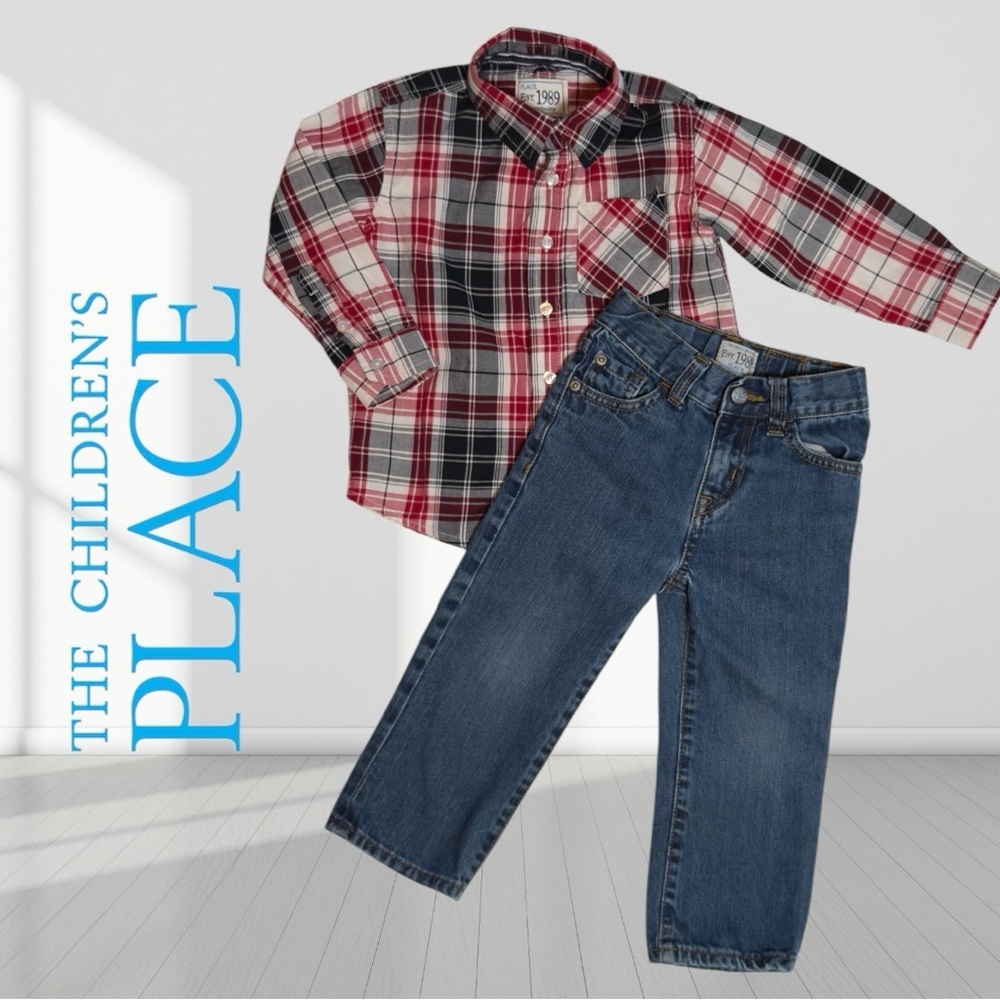 The Children Place Kids Plaid Long-Sleeve shirt with jeans Clothing Set Size 2T